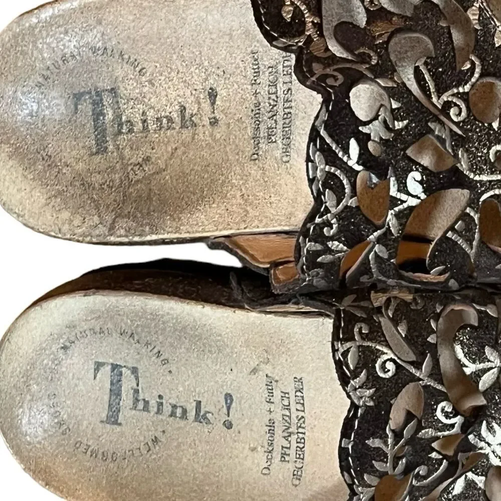 Think! Brown Gold Sandals Metallic Lace Flip Flops Leather Floral Cork Insole